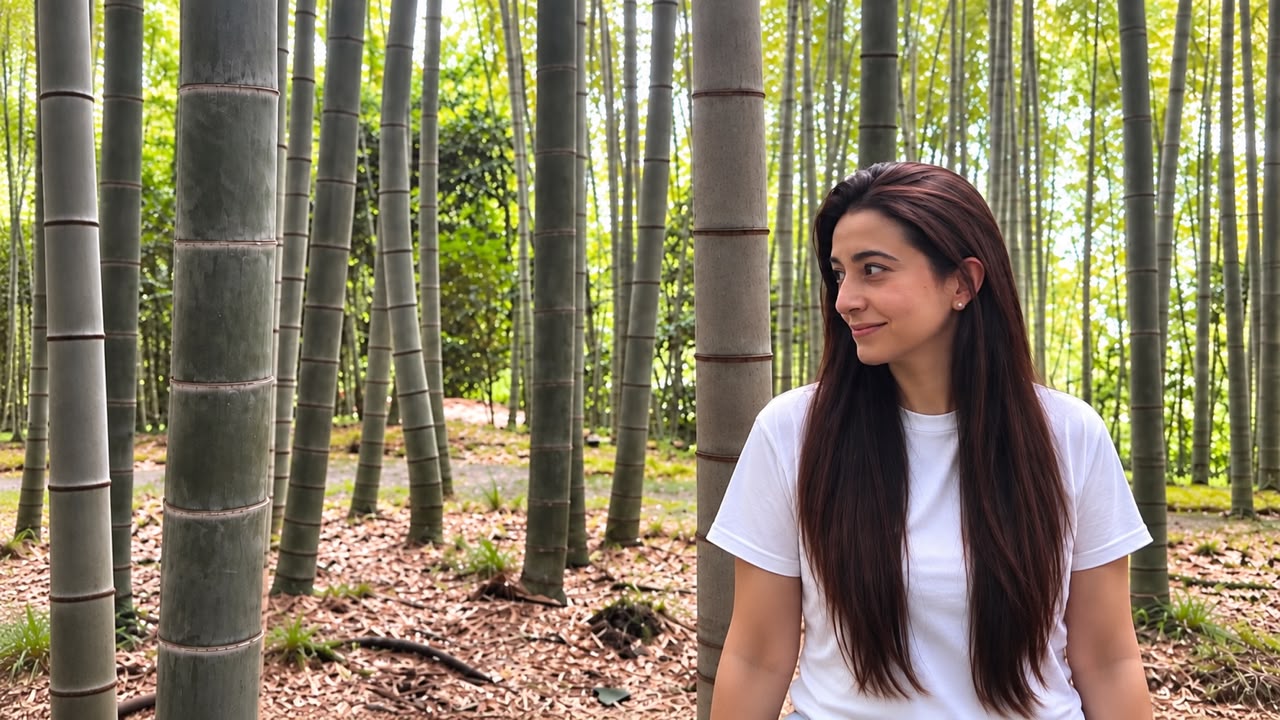 Kripa seated in a sunlit bamboo grove, looking off to one side