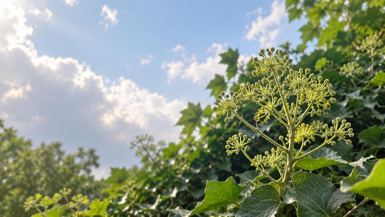 Sunlit leaves and a flowering branch against a blue sky and drifting cloud